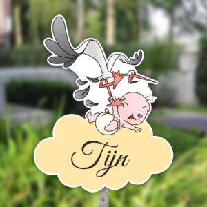 Geboortebord tuin | Baby hangt aan ooievaar - geel