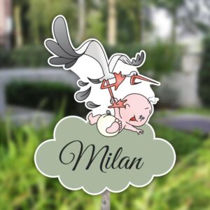 Geboortebord tuin | Baby hangt aan ooievaar - groen