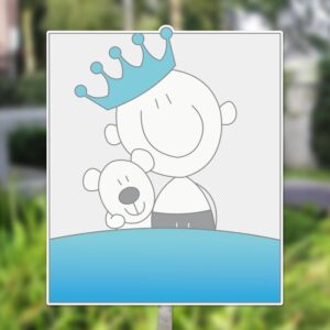 Geboortebord tuin | Kind met knuffel - blauw