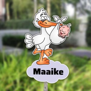 Geboortebord tuin | Ooievaar met draagzak en baby - paars