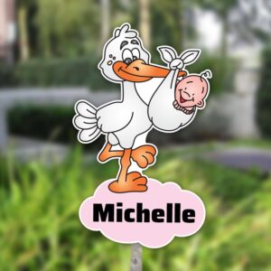 Geboortebord tuin | Ooievaar met draagzak en baby - roze