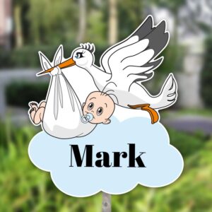 Geboortebord tuin | Vliegende ooievaar met baby in draagzak - blauw