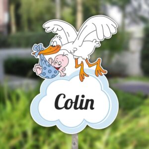 Geboortebord tuin | Vliegende ooievaar met draagzak en baby - blauw