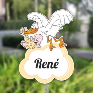 Geboortebord tuin | Vliegende ooievaar met draagzak en baby - geel