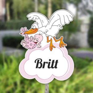 Geboortebord tuin | Vliegende ooievaar met draagzak en baby - roze