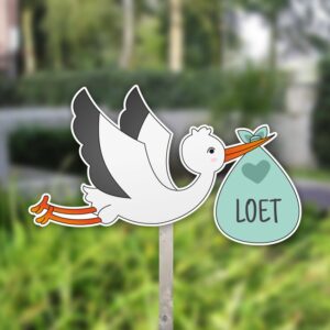 Geboortebord tuin | Vliegende ooievaar met draagzak - groen