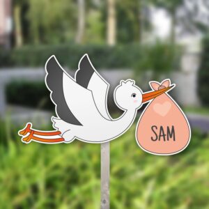Geboortebord tuin | Vliegende ooievaar met draagzak - oranje
