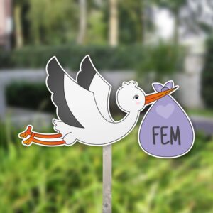 Geboortebord tuin | Vliegende ooievaar met draagzak - paars