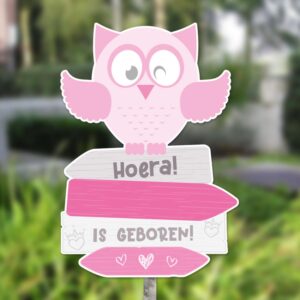 Geboortebord tuin wegwijzers met uiltje roze