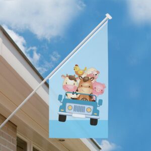 Geboortevlag gevelvlag jeep met boerderijdieren blauw