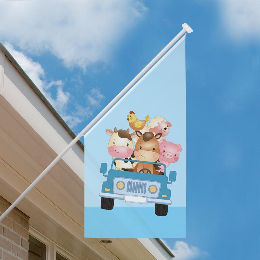 Geboortevlag gevelvlag jeep met boerderijdieren blauw
